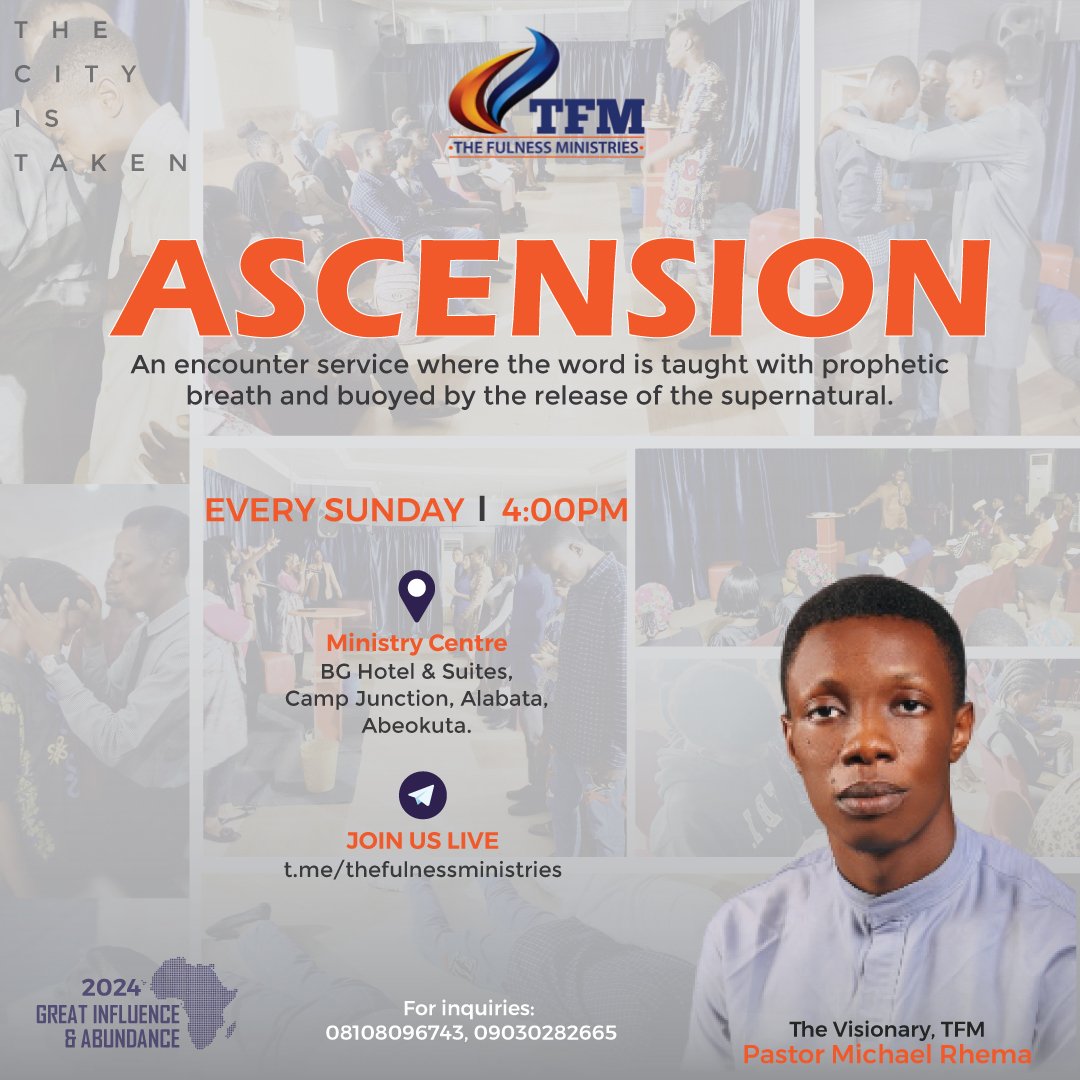 TheFulnessMini1's tweet photo. Ascension holds today by 4pm @ BG Hotel &amp; Suites, Camp Junction, Alabata, Abeokuta. 

Don't miss this opportunity to encounter the God of all possibilities!

See you at Ascension.... https://t.co/9e29fVIumL