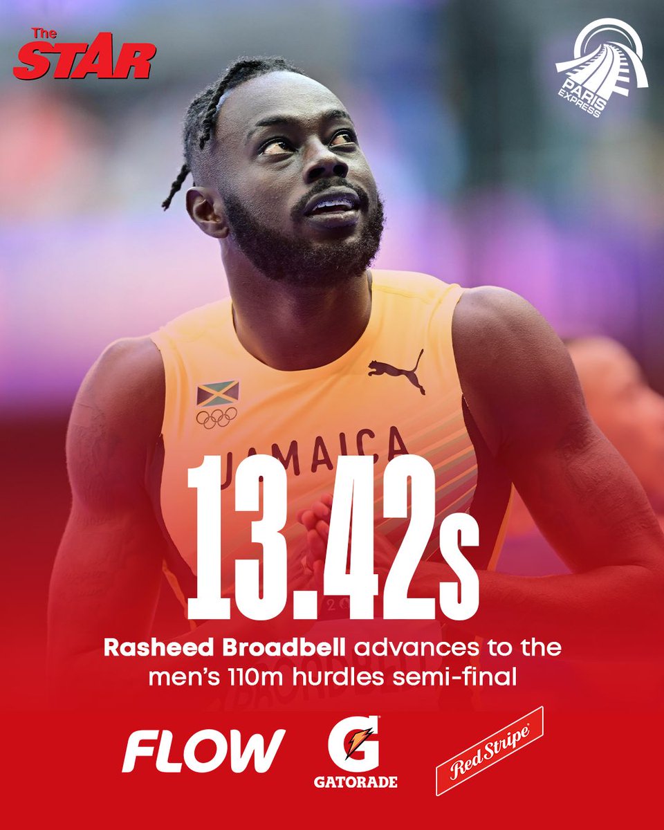 jamaicastar's tweet photo. #StarinParis: Rasheed Broadbell finishes second in the final heat with a time of 13.42 seconds, joining Hansle Parchment and Orlando Bennett in the men's 110m hurdles semi-finals!

#ParisOlympics 
#TeamJamaica https://t.co/onr4zQYCM6
