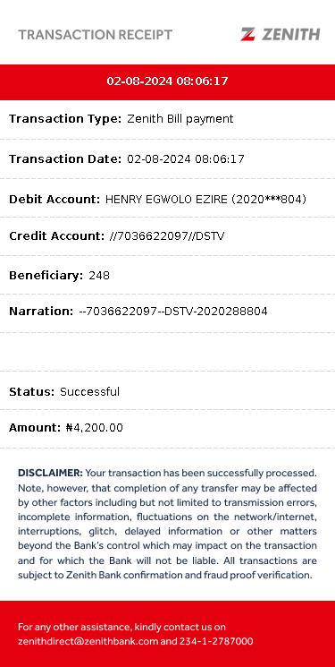 HenryEzire's tweet photo. @DStvNg @DStvNgCare @MultiChoice kindly credit my IUC 7036622097 with the amount I paid since 02/08/2024. Please see payment receipt for your attention. https://t.co/p8FVAb89fM