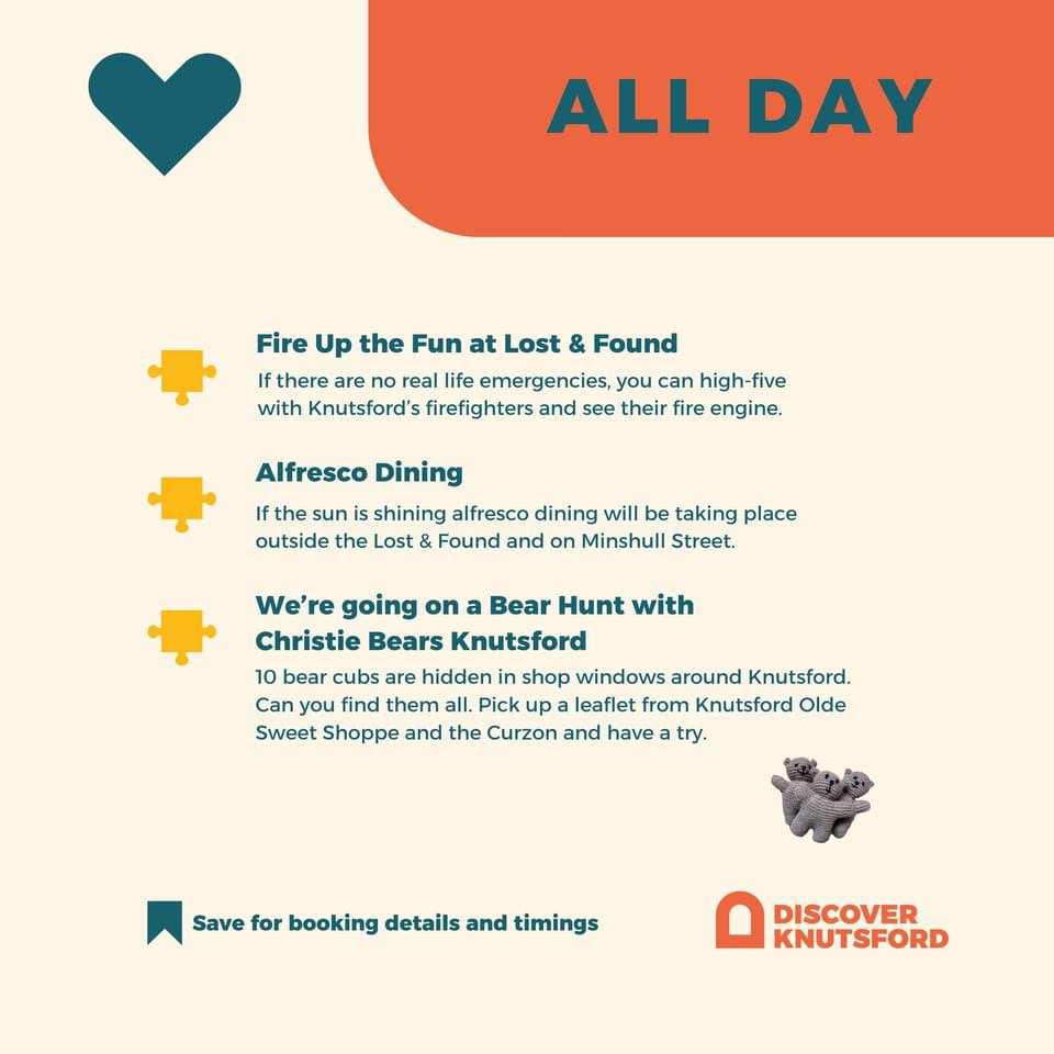 On Sunday 11th August, firefighters from Knutsford will be outside lost and found with the fire appliance for Family Fest. Make sure you come over and say hello!  🚒 🔥 

See all the other fun packed activities planned in for Knutsford Family Fest on the pictures below 👇🏻