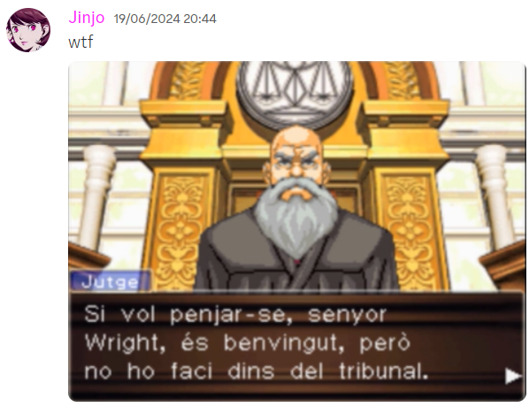 projectewiicat's tweet photo. @PrCeTrencada @SimValenciana @srtikerD Sí, estava treballant en una traducció de l'Ace Attorney, però vaig perdre una mica la motivació i ha quedat abandonada.

Tinc la intenció de relocalitzar tota l'ambientació del joc als Països Catalans també. Potser algun dia continuaré ^^" https://t.co/pENtiDtjMz