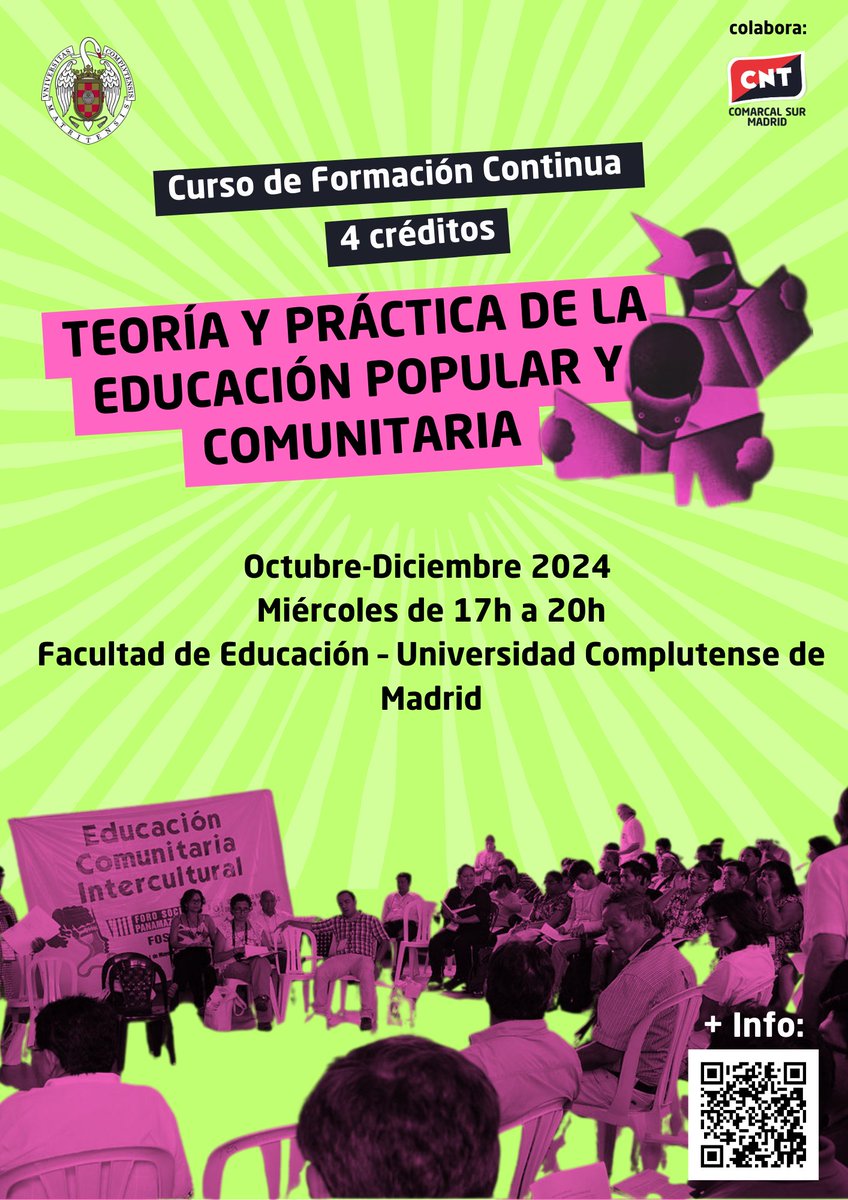 Nos vamos a la universidad.
Este mes de octubre y diciembre estaremos en la Universidad Complutense colaborando en un curso de formación:
Teoría y Práctica de la Educación Popular y Comunitaria.
Información e inscripción en:
…cionpopularycomunitaria.wordpress.com
