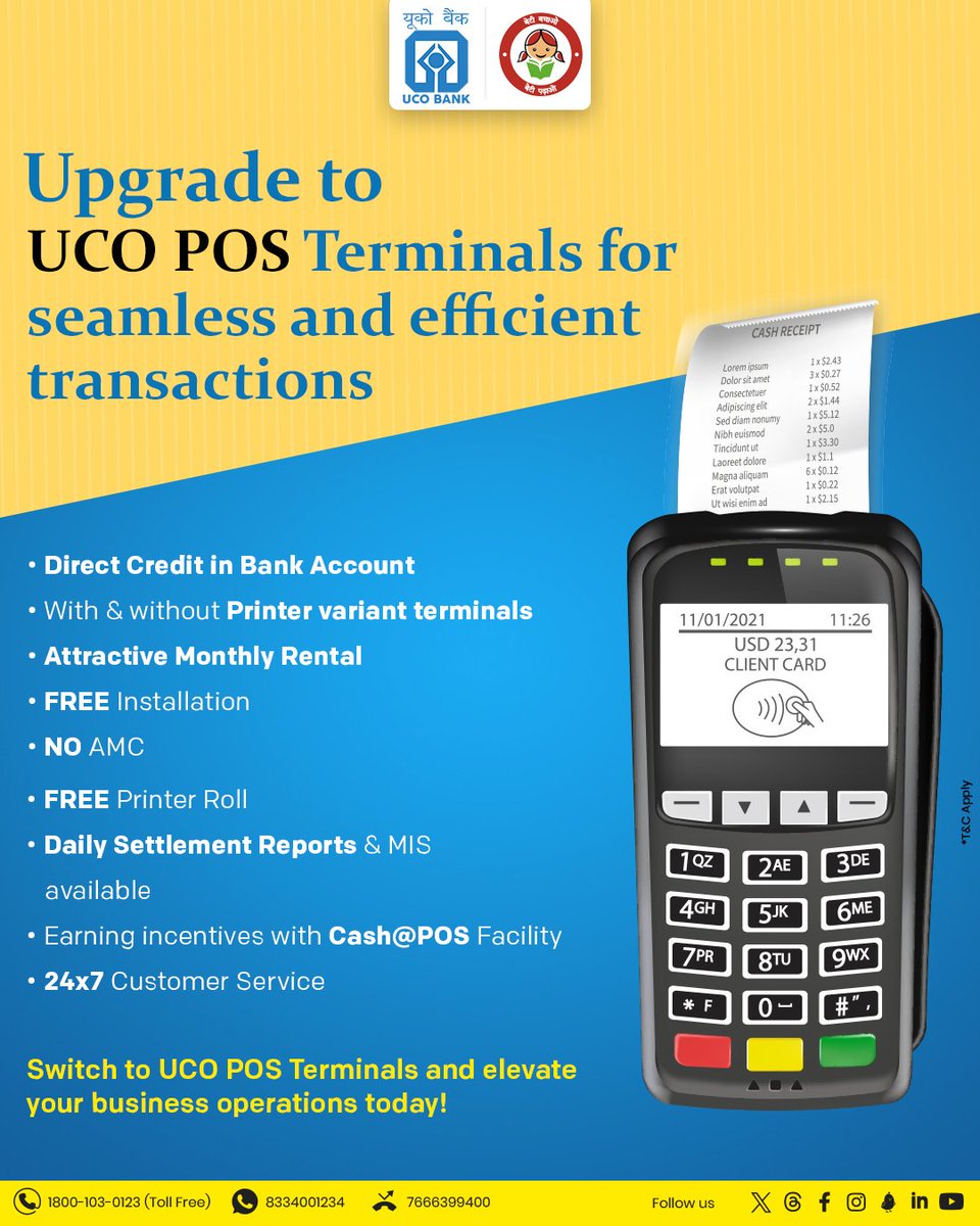 UCOBankOfficial's tweet photo. Elevate your business operations with the advanced UCO POS Terminals. #POS #UCOBank #EfficientPayments #SmarterTransactions #SmartBusiness #Banking #UCOTURNS81 #81YearsOfTrust https://t.co/n0BLBKTIVN
