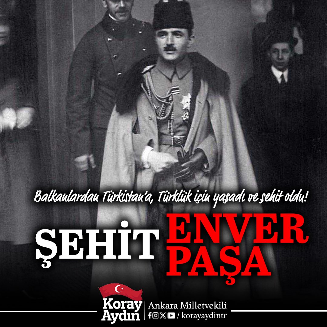“Koşan bir atın soluğudur
Çeğen Tepesi’nde geceler.”

🇹🇷Balkanlar’dan, Türkistan bozkırlarına kadar Türk milleti için mücadele etmiş, şatafatlı hayatı elinin tersiyle itmiş ve can vermiş olan büyük komutan Şehit #EnverPaşa’yı şehadet yıl dönümünde rahmet, minnet ve dualarla