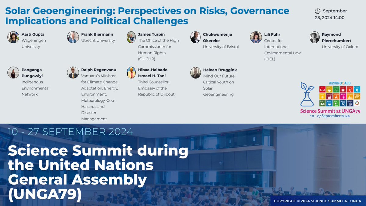 Excited to announce an upcoming session on “Solar Geoengineering: Perspectives on Risks, Governance, and Political Challenges” at the United Nations Science Week in New York in September 2024! 

#ScienceSummitUNGA79

Register today, see details in thread  1/3