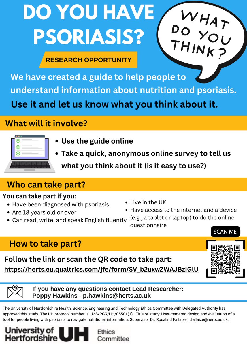 🎉 Take Part in Our Study! 📚 Try our #nutrition &amp; #psoriasis guide, then share your thoughts in a quick, anonymous survey. Click the link for more info and to take part: herts.eu.qualtrics.com/jfe/form/SV_b2… <a href="/PsoriasisUK/">Psoriasis Association</a> <a href="/BSFcharity/">British Skin Foundation</a>