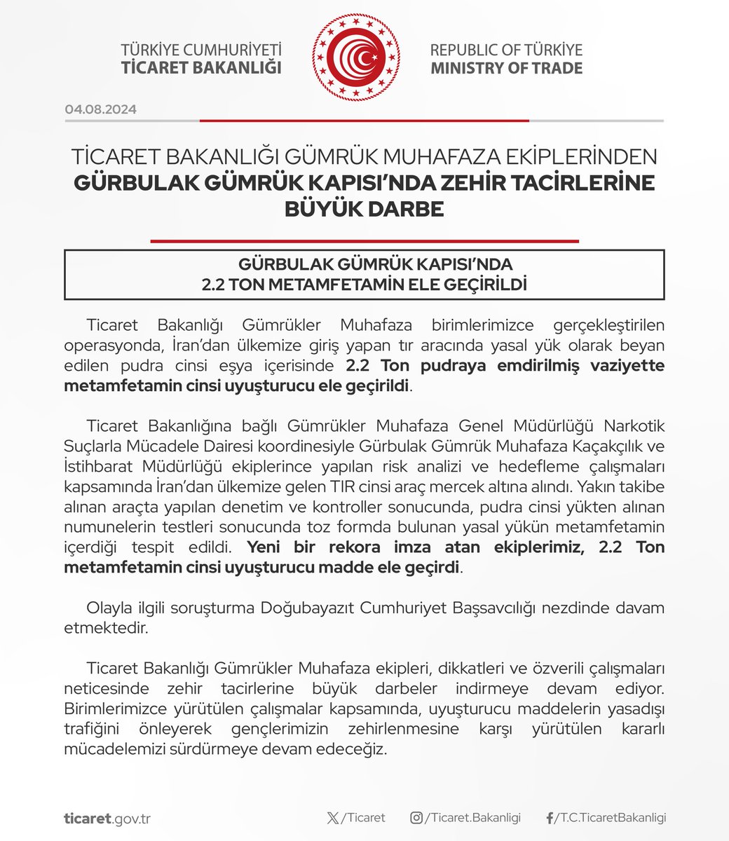 ticaret's tweet photo. Ticaret Bakanlığı Gümrük Muhafaza Ekiplerinden Gürbulak Gümrük Kapısı’nda Zehir Tacirlerine Büyük Darbe

(04.08.2024) https://t.co/01FFk1V5NU