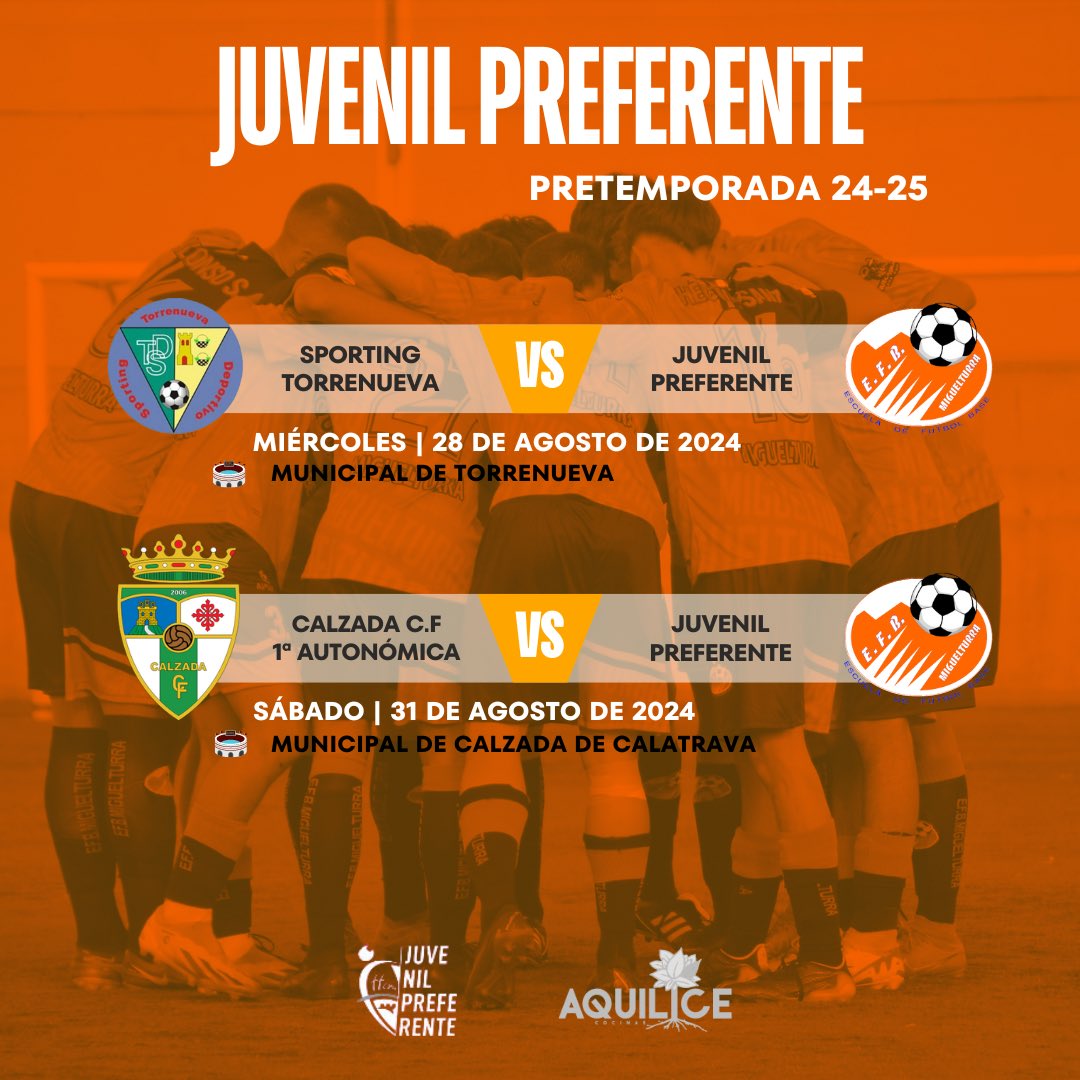 PRETEMPORADA JUVENIL PREFERENTE | TEMPORADA 24-25

Partidos de pretemporada de nuestro Juvenil Preferente. Debut en casa el Sábado 10 de Agosto.

**Los horarios de los partidos se irán anunciando en los días previos.

🧡🧡🧡🧡🧡