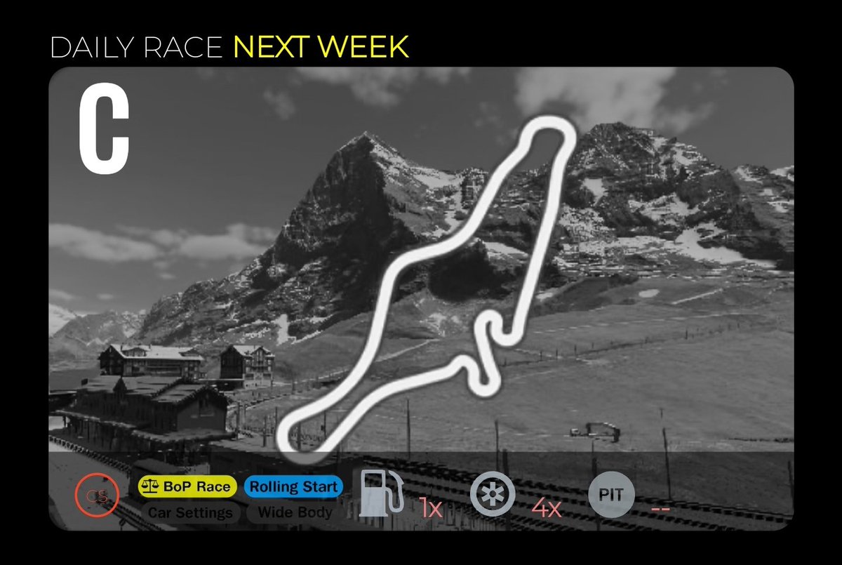ControlTheTime_'s tweet photo. 📢 Aquí tenéis las nuevas diarias de GT7 para la próxima semana (05/08/2024).
¡Eiger Nordwand llegará la semana que viene a la DiariaC!
__
#Granturismo7 #GranTurismo #GT7 #PolyphonyDigital #SimRacing #gtshrank #DailyRace #ControlTheTime #CTT https://t.co/gDF8yJC3ZZ