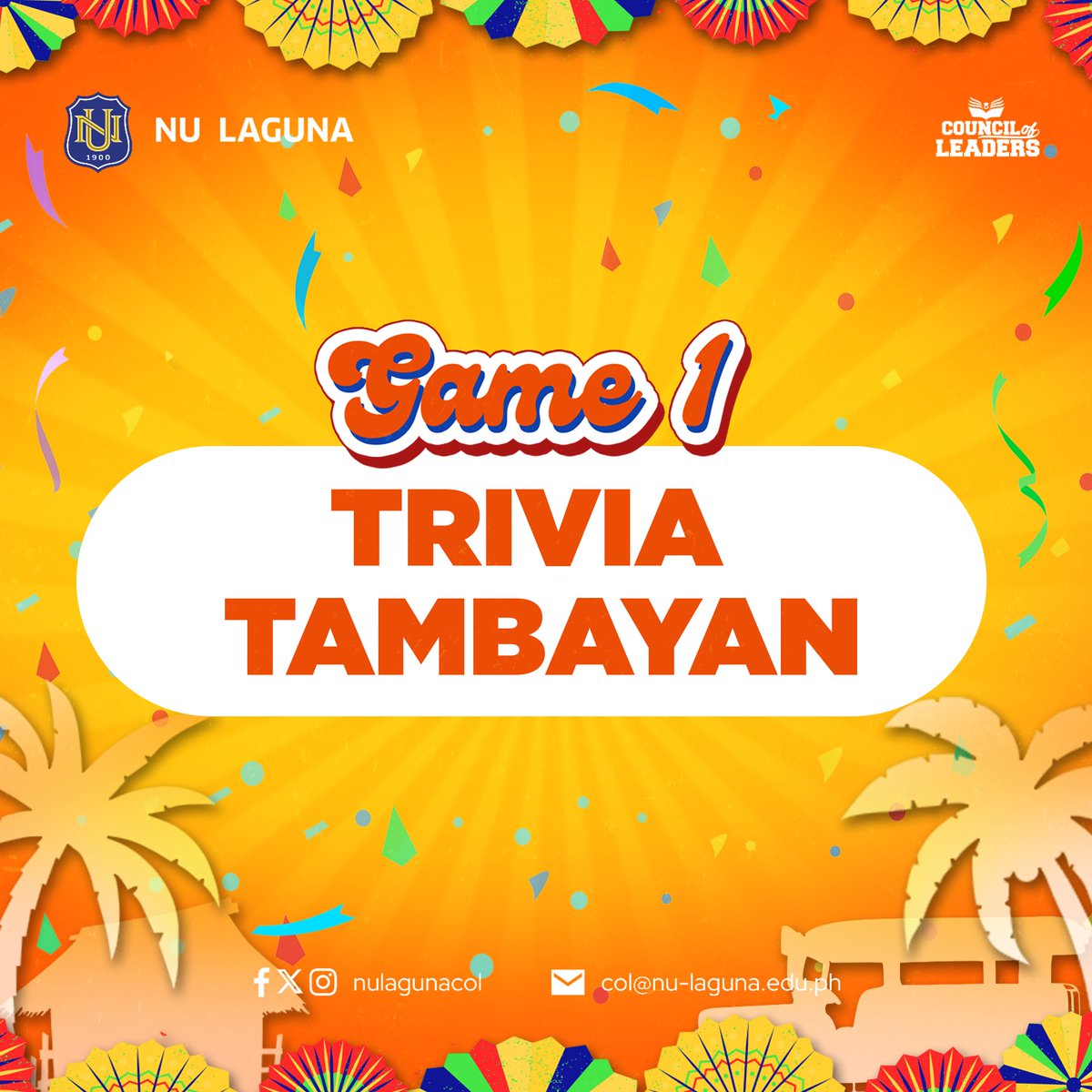 NULagunaPH's tweet photo. MECHANICS:
1. The NU Laguna official account will post trivia questions.
2. Participants tweet their answers as replies to the trivia question using the official hashtags #NewStartFormeNU #OWeek2024 #NULaguna
3. The first correct answer in the reply section will earn a point. https://t.co/qumFgfnacV