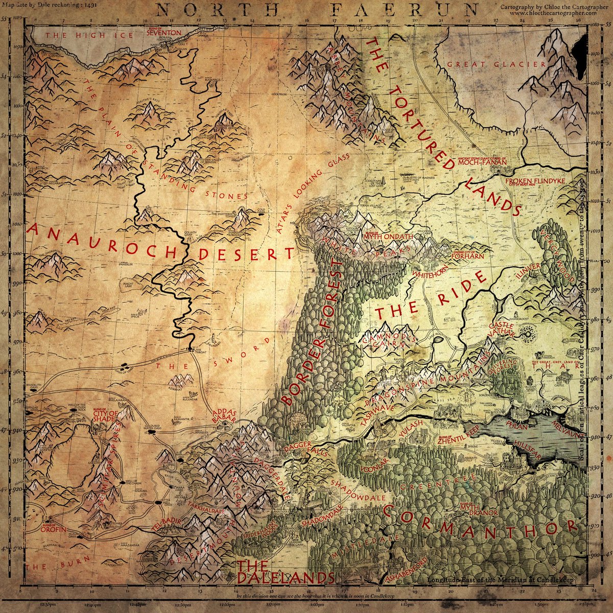 ChloeTheCartog's tweet photo. An update to the North Faerun map, with geographic corrections thanks to the eagle eyes of social media. I’ve also improved the colour and added a title at the top. #faerun #realmslore #ttrpg #cartography https://t.co/nUlcTOqNXB