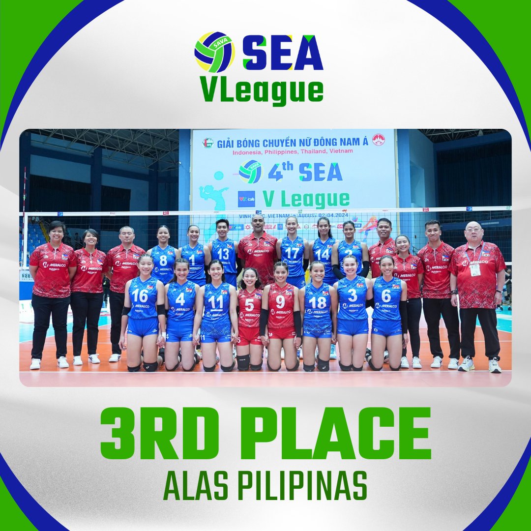 volleyball_phi's tweet photo. BRONZE finish for Alas Pilipinas! 🥉🇵🇭

Congratulations to Alas Pilipinas for finishing third in the first leg of the 2024 SEA V.League. We are proud of you! https://t.co/G35lnYo3EX