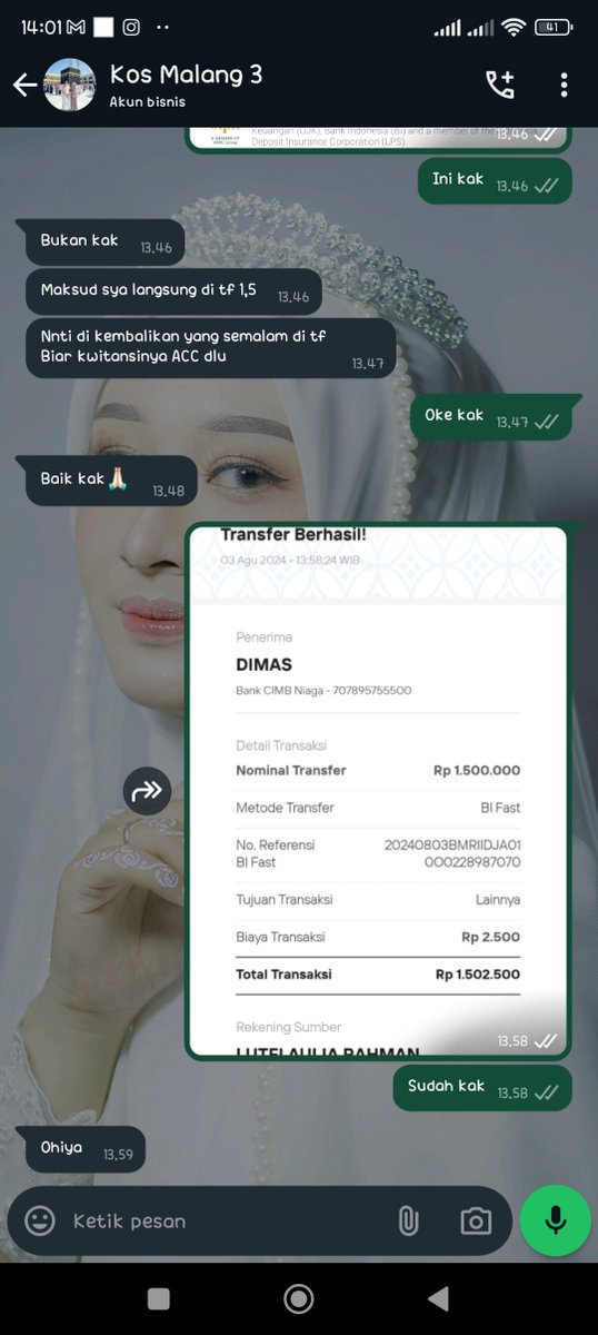 lutfiauliarhman's tweet photo. Keesokan harinya, pada tanggal 3 Agustus 2024 pihak penipu yg mengaku Reza menghubungi saya dgn alasan proses booking tdk berhasil karena nominal transfer tdk sesuai dengan yang ada di kwitansi, sehingga harus melakukan transfer ulang sesuai nominal yaitu sebesar Rp 1.500.000. https://t.co/81EDMGHdOE