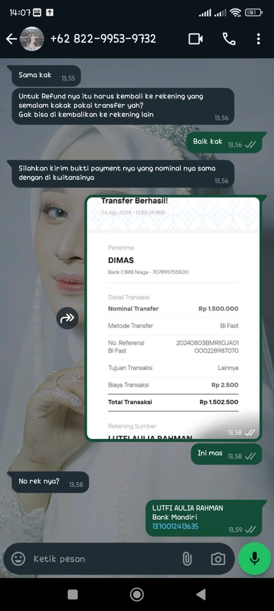 lutfiauliarhman's tweet photo. Keesokan harinya, pada tanggal 3 Agustus 2024 pihak penipu yg mengaku Reza menghubungi saya dgn alasan proses booking tdk berhasil karena nominal transfer tdk sesuai dengan yang ada di kwitansi, sehingga harus melakukan transfer ulang sesuai nominal yaitu sebesar Rp 1.500.000. https://t.co/81EDMGHdOE