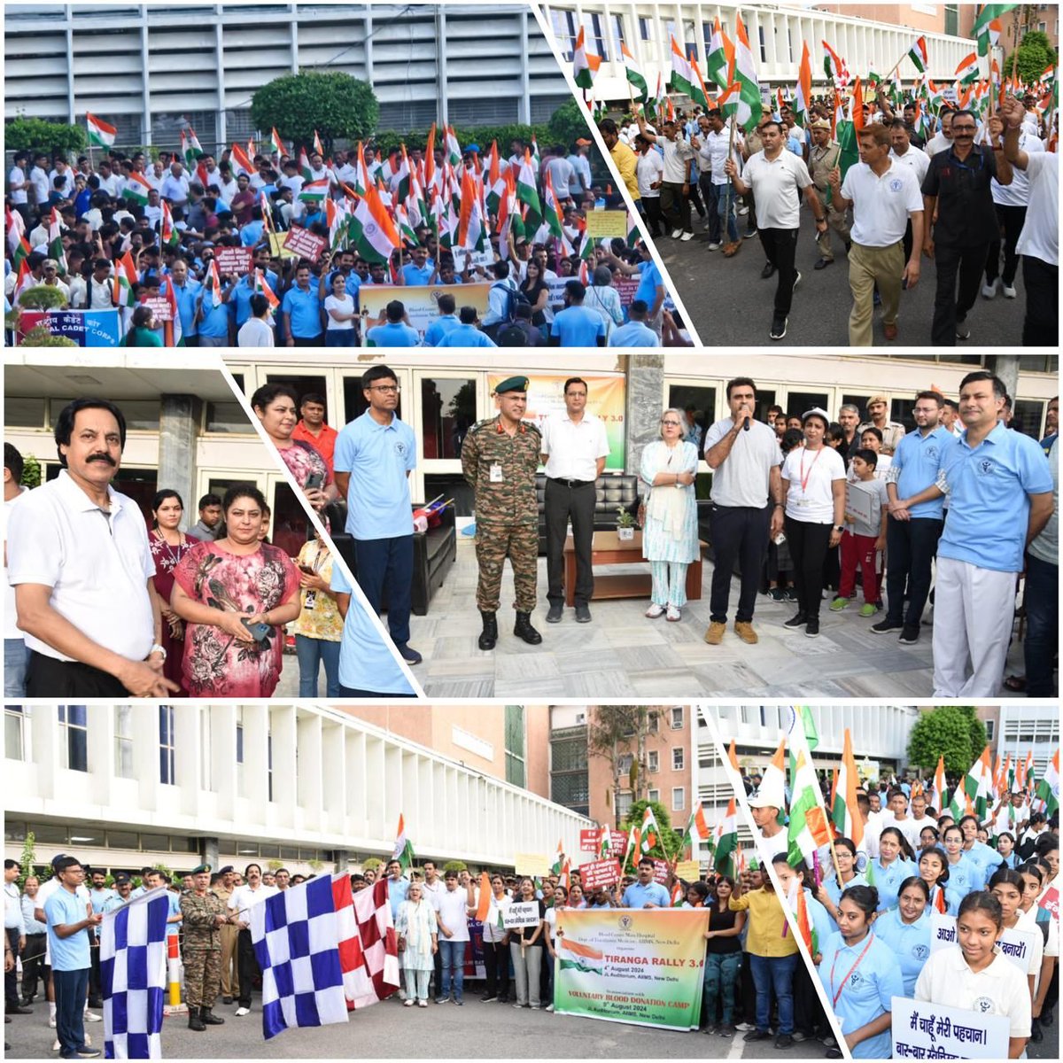 aiims_newdelhi's tweet photo. Blood Centre Main Hospital, organised third consecutive Tiranga Rally today at AIIMS Campus in promotion of Voluntary Blood Donation Drive (9 Aug. 2024) to celebrate Independence Day.

More than 1000 people from AIIMS, NCC, NDRF, ITBP, NSG, SSB, RAC, RAK college of nursing and BSF participated in the rally.

The rally was flagged iff by Dr. Srinivas (Director, AIIMS), Shri. Sanjay Vishwarao (ADG, NCC),Dr Vinod Kumar (ADG Medical, CAPF) and Dr. Nirupam Madan (MS, AIIMS).