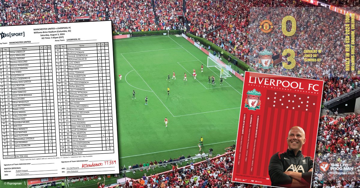 LFCProgMan's tweet photo. Manchester United v Liverpool 3/8/2024 #MUNLIV
at Williams-Brice Stadium 🏟️ Columbia, SC
68-page programme &amp; teamsheet 
As previously stated #LFCPROG covers all three US #LFCPreSeason tour matches #RivalsInRed 🇺🇸
Good finish to the #LFC tour 😀 https://t.co/KesqgyRBNn