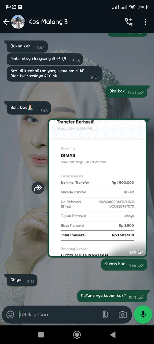 lutfiauliarhman's tweet photo. Penipu mengatakan kalau uang yang sudah ditransfer sebelumnya di tanggal 2 Agustus, akan segera dikembalikan setelah transfer sejumlah Rp 1.500.000 sesuai yg tertera di kwitansi. https://t.co/sjIgmIcGq4