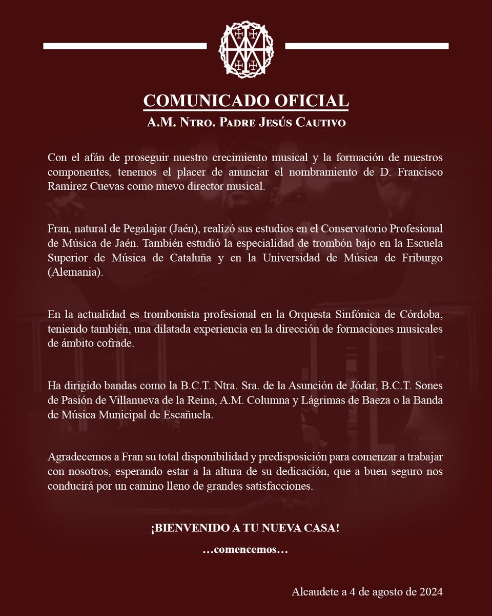 📣 COMUNICADO OFICIAL📣

Nombramiento de  D. Francisco Ramírez Cueva como asesor-director musical de nuestra formación.