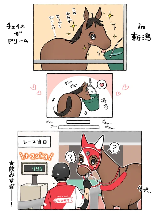 先週の話になりますが、チェイスザドリームちゃんの新潟のお水飲みすぎエピソードがかわいすぎたので勝手に描きました✍️すみません🙇‍♀️ 