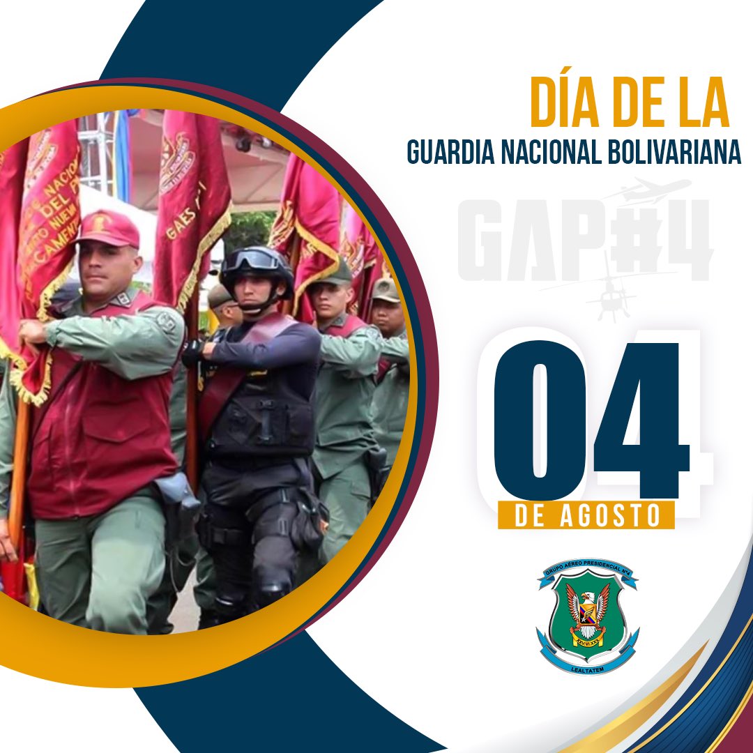 Grupo Aéreo de Transporte Nro 4 (@gapn_4) on Twitter photo #Efemérides || Hoy desde el #GAP4 felicitamos a nuestra gloriosa Guardia Nacional Bolivariana <a href="/gnbdevenezuela/">Guardia Nacional Bolivariana</a>, hombres y mujeres valerosos que con gallardía y mística defienden la paz del pueblo venezolano.
¡El Honor es su Divisa! #Efemérides || Hoy desde el #GAP4 felicitamos a nuestra gloriosa Guardia Nacional Bolivariana <a href="/gnbdevenezuela/">Guardia Nacional Bolivariana</a>, hombres y mujeres valerosos que con gallardía y mística defienden la paz del pueblo venezolano.
¡El Honor es su Divisa!