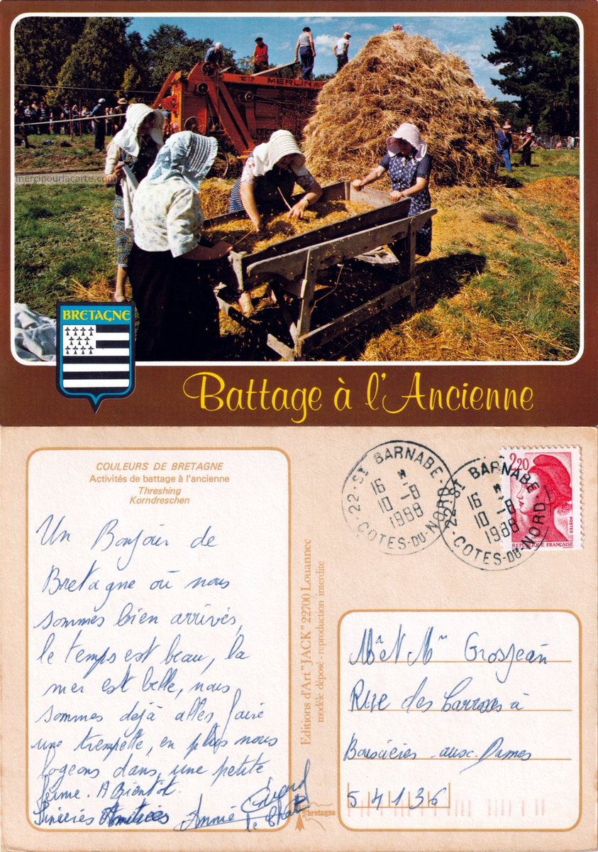 mercipourlacart's tweet photo. Bretagne - Battage à l'Ancienne

Voir https://t.co/8tEWyDLCJD

Editions d'Art JACK, Louannec

#agriculture #battageàlancienne #batteuse #bonnets #Bretagne #fêtelocale #mémoirecollective #traditions #vannage #Treshing #Korndreschen #VieRurale
#CartesPostales #postcards #postkarten https://t.co/glq6D5fPG5