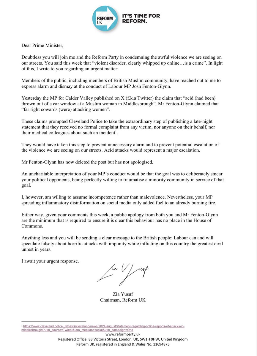 Zia Yusuf (@ziayusufuk) on Twitter photo Last night <a href="/UKLabour/">The Labour Party</a> spread misinformation about an acid attack.
<a href="/Keir_Starmer/">Keir Starmer</a> previously made clear how awful such behaviour is.
Does he stand by his words and will he apologise to the British people?
My letter to Keir Starmer: Last night <a href="/UKLabour/">The Labour Party</a> spread misinformation about an acid attack.
<a href="/Keir_Starmer/">Keir Starmer</a> previously made clear how awful such behaviour is.
Does he stand by his words and will he apologise to the British people?
My letter to Keir Starmer: