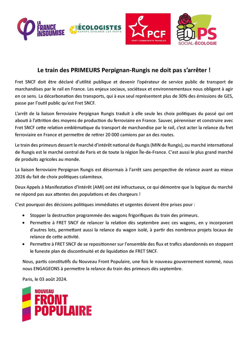 Le train des PRIMEURS Perpignan-Rungis ne doit pas s’arrêter ! 
#sncf
#fret 
#NFP 
#NFPdoitGouverner 
#perpignan 
#rungis