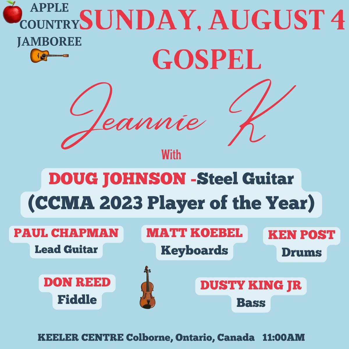 jeanniekmusic's tweet image. 🎻Honored to be performing with a World Class band Today at 11AM, at the🍎Apple Country Jamboree in Colborne, ON Canada Keeler Centre #CCMA #oshawa #pickeringproud #toronto #CCMAVoteDougJohnson #CCMAVoteMattKoebel #countrymusic Hope To See You💜#music👇🎧distrokid.com/hyperfollow/je…