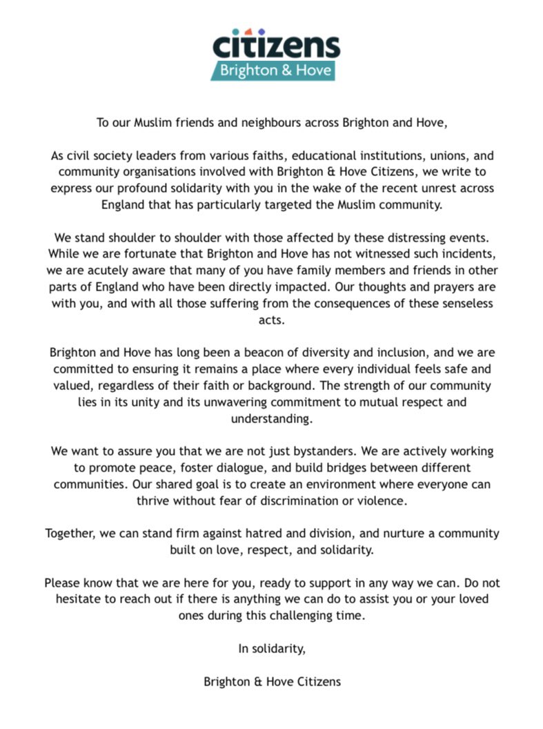 Brighton & Hove Citizens (@citizensbh) on Twitter photo A statement from leaders involved with Brighton & Hove Citizens.
<a href="/BellaSankey/">Bella Sankey</a> <a href="/LesliePumm/">Leslie Clarke</a> <a href="/peterkyle/">Peter Kyle</a> <a href="/chriswardmp/">Chris Ward MP</a> <a href="/sianberry/">Sian Berry</a>
<a href="/BHDemocracyNews/">Brighton & Hove LDR Sarah Booker-Lewis</a> A statement from leaders involved with Brighton & Hove Citizens.
<a href="/BellaSankey/">Bella Sankey</a> <a href="/LesliePumm/">Leslie Clarke</a> <a href="/peterkyle/">Peter Kyle</a> <a href="/chriswardmp/">Chris Ward MP</a> <a href="/sianberry/">Sian Berry</a>
<a href="/BHDemocracyNews/">Brighton & Hove LDR Sarah Booker-Lewis</a>