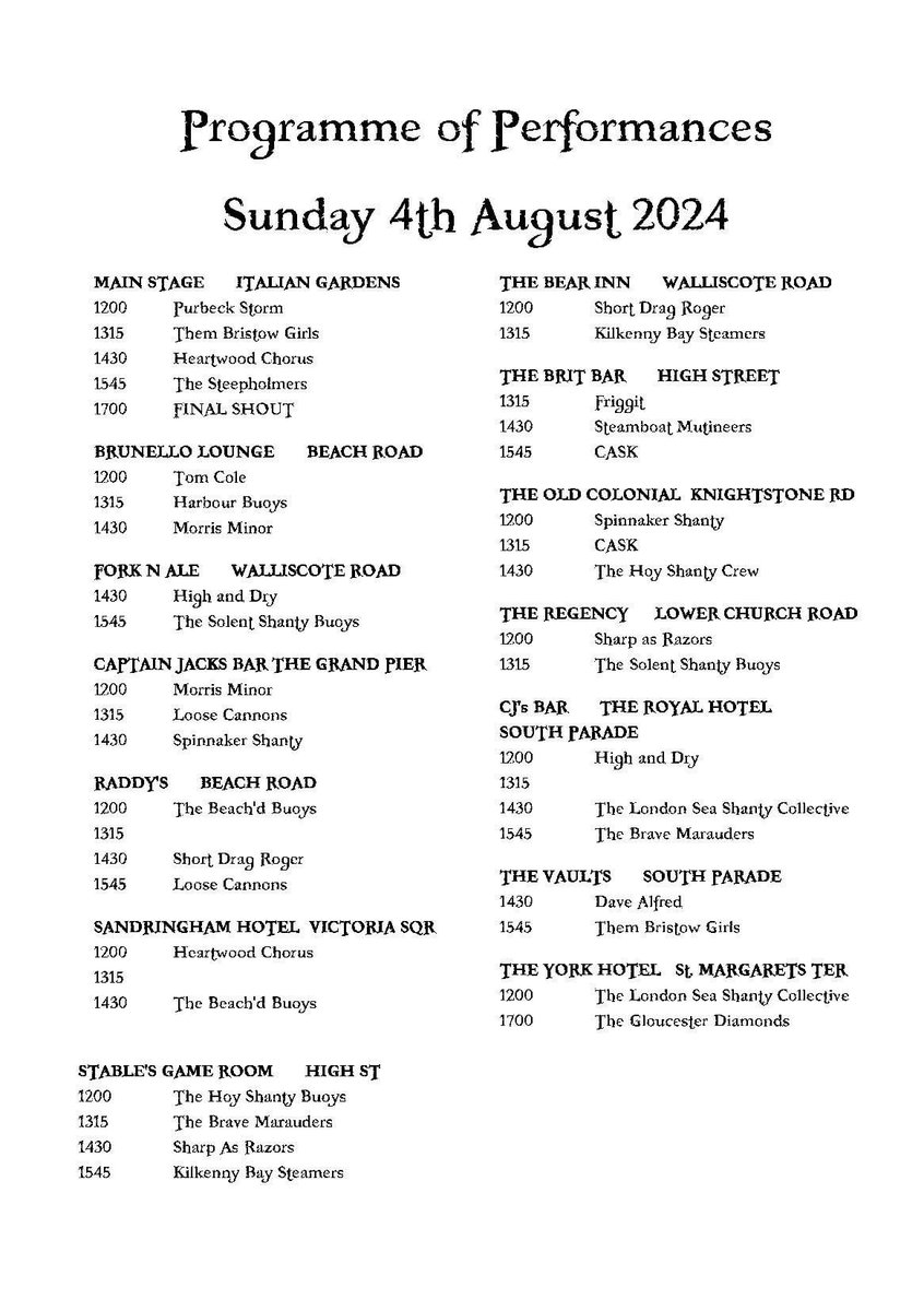 Weston BID (@westonbid) on Twitter photo ☠️ ⚔️ 🌊 🎶 Sea Shanty - Final Day 🎶 🌊 ⚔️ ☠️
Conditions are set fair for the last day of this fabulous festival. ⛅️
Here’s the line-up for today. Enjoy me hearties! 🏴☠️
<a href="/visitweston/">Visit Weston-super-Mare</a> #seashanty ☠️ ⚔️ 🌊 🎶 Sea Shanty - Final Day 🎶 🌊 ⚔️ ☠️
Conditions are set fair for the last day of this fabulous festival. ⛅️
Here’s the line-up for today. Enjoy me hearties! 🏴☠️
<a href="/visitweston/">Visit Weston-super-Mare</a> #seashanty