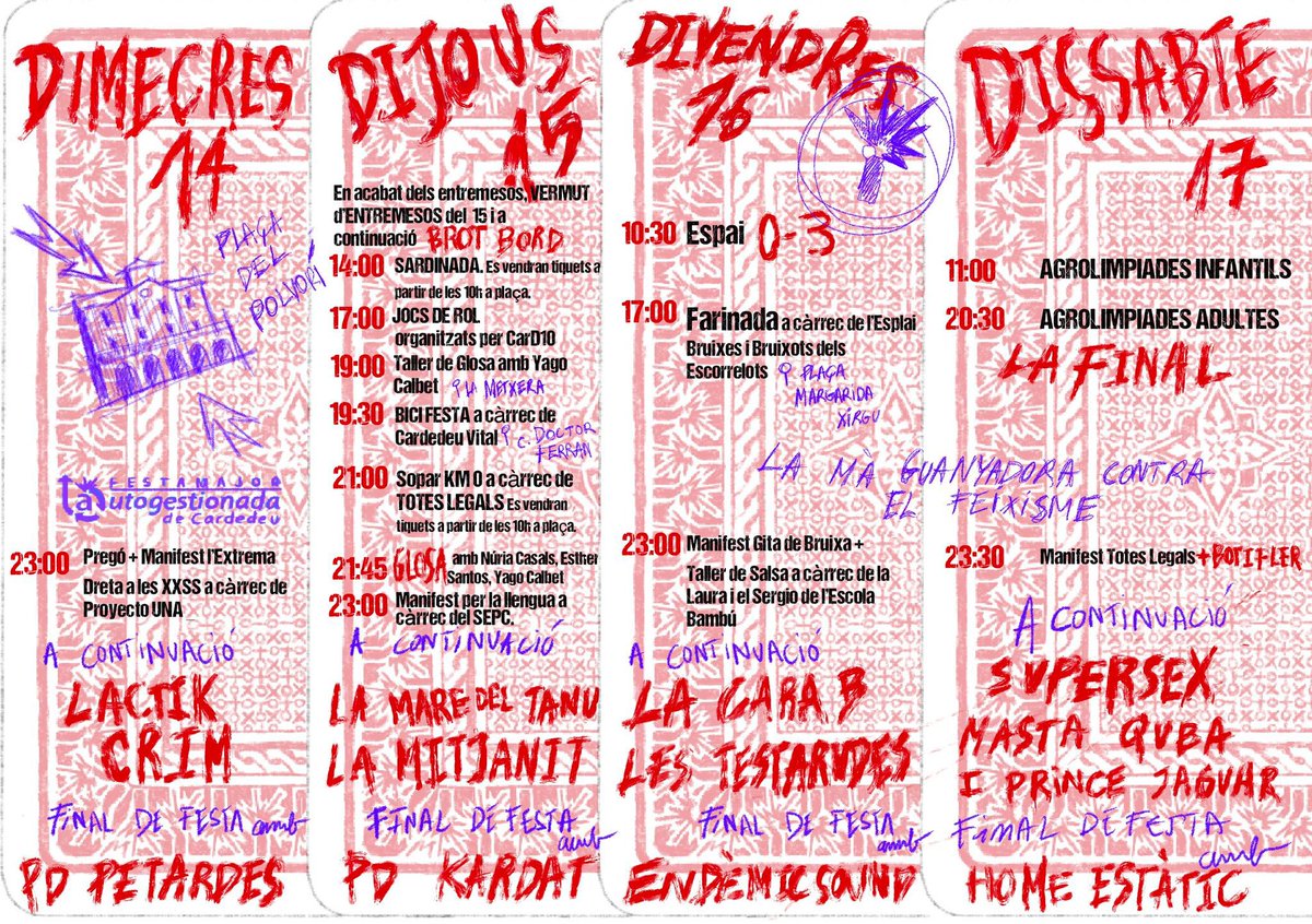 PolvoriCardedeu's tweet photo. 🔥 Ja tenim el cartell amb tots els detalls de la festa major del #Polvorí2024 ‼️

🃏 Àpats, jocs, tallers, activitats noves i clàssiques, música per tots els gustos… sens dubte la mà guanyadora contra el feixisme!

Us esperem a la plaça! 🧨 https://t.co/CMWpfset6L