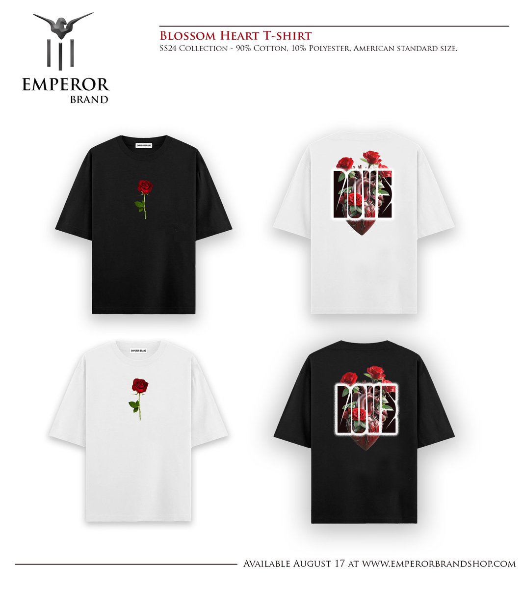 Emperorbrand's tweet photo. The Blossom Heart tees will be available on our website and at our flagship store 17 August, 2024. #emperorbrand #emperorbrandss24collection #ss24collection https://t.co/wX6uI7vBjq