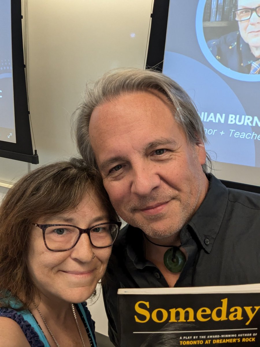 JanetNotes's tweet photo. @TheDHTaylor yesterday I had the pleasure of meeting Drew Hayden Taylor again and we took a selfie with the book he signed for me 30 years ago when we were both toddlers. 💜 Enjoyed your talk at the conference, Drew. https://t.co/tfMxPFNmPw