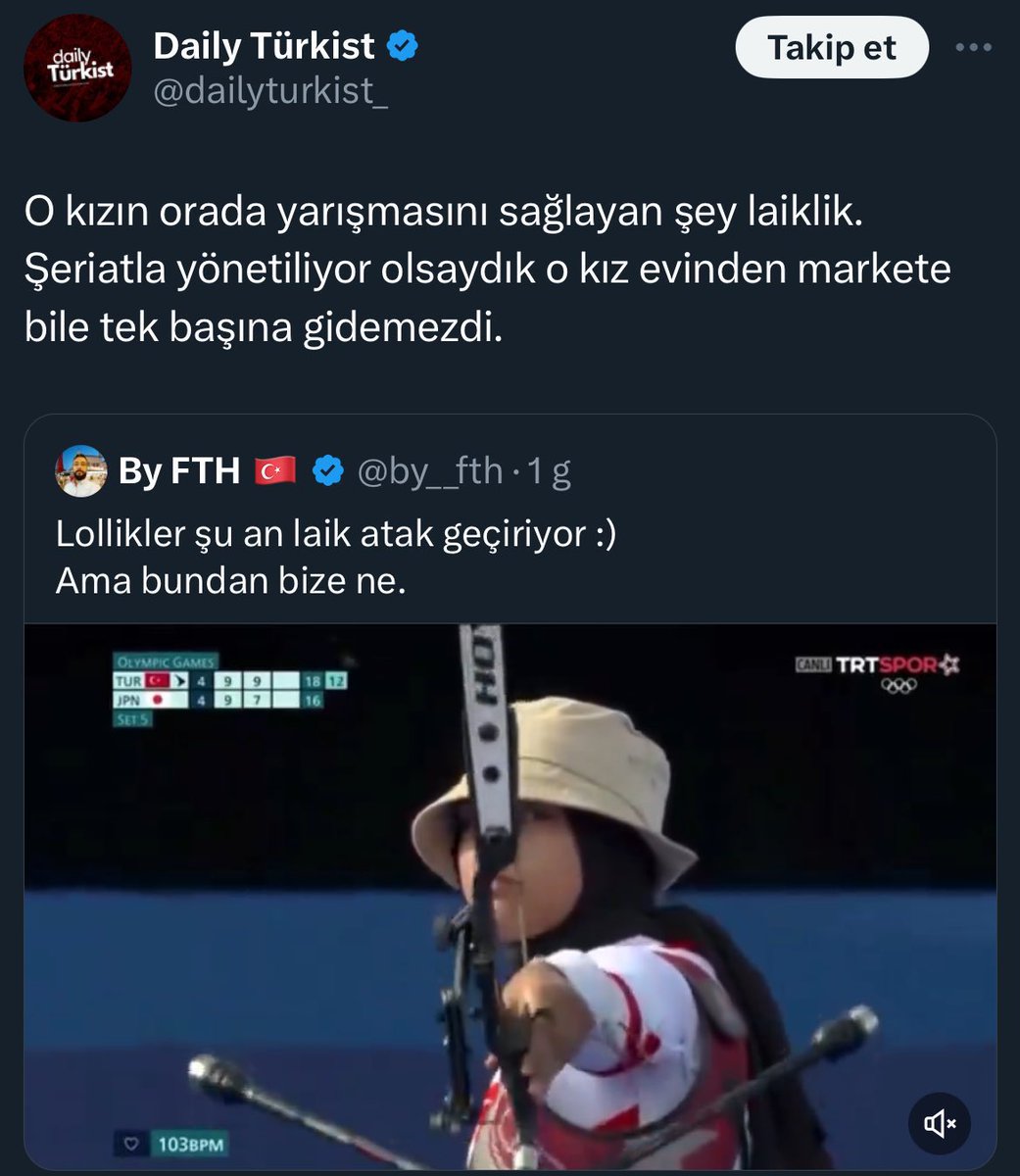 furkancerkes's tweet photo. Laikler ülkeyi yönetiyor olsaydı bırakın Olimpiyatlarda yarışmasını, bu kızı okula bile almaz, en fazla temizlikçi olmasına izin verirdiniz. https://t.co/A18HhvYxrl
