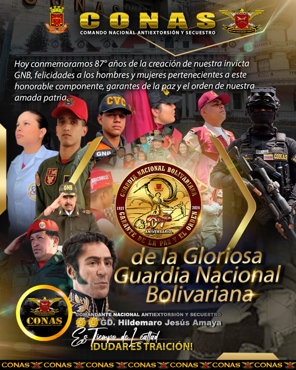 🗓 #4Ago || ¡Hoy con alto honor, celebramos el 87 Aniversario de la <a href="/GnbGaranteDePaz/">Guardia Nacional Bolivariana</a>, hombres y mujeres que están siempre a la vanguardia en garantía de la paz y el orden. 
¡Felicidades para los centinelas de nuestra patria!