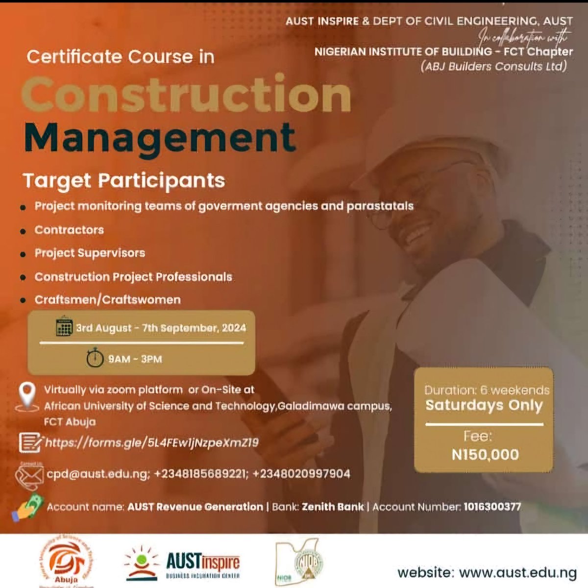 NIOBfct's tweet photo. Date postponed.
New date : 17th August - 21st September, 2024.

 More opportunities to register and to *Join our program*:
Learn from industry experts and gain the expertise you need to advance your career in construction management 
_Register now_ 
https://t.co/QlVJJaFjHr https://t.co/v76BYHhkT6