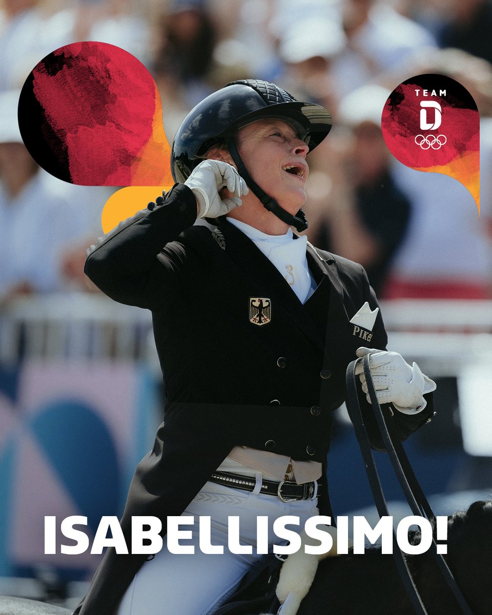 TeamD's tweet photo. 🥈 DRESSUR-SILBER!

Mit ihrer Stute Wendy zeigt Isabell Werth eine Kür für die Geschichtsbücher und gewinnt im Dressur Einzel ihre 14. Olympische Medaille! 🖤❤️💛

#JetztFürImmer #TeamD #Olympics #Paris2024 #Equestrian https://t.co/SxERaNZjP9