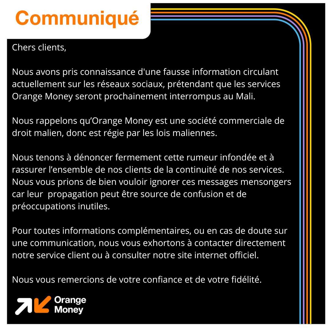 OrangeMoneyMl's tweet photo. Communiqué ‼️ https://t.co/OzP9oIMb5R