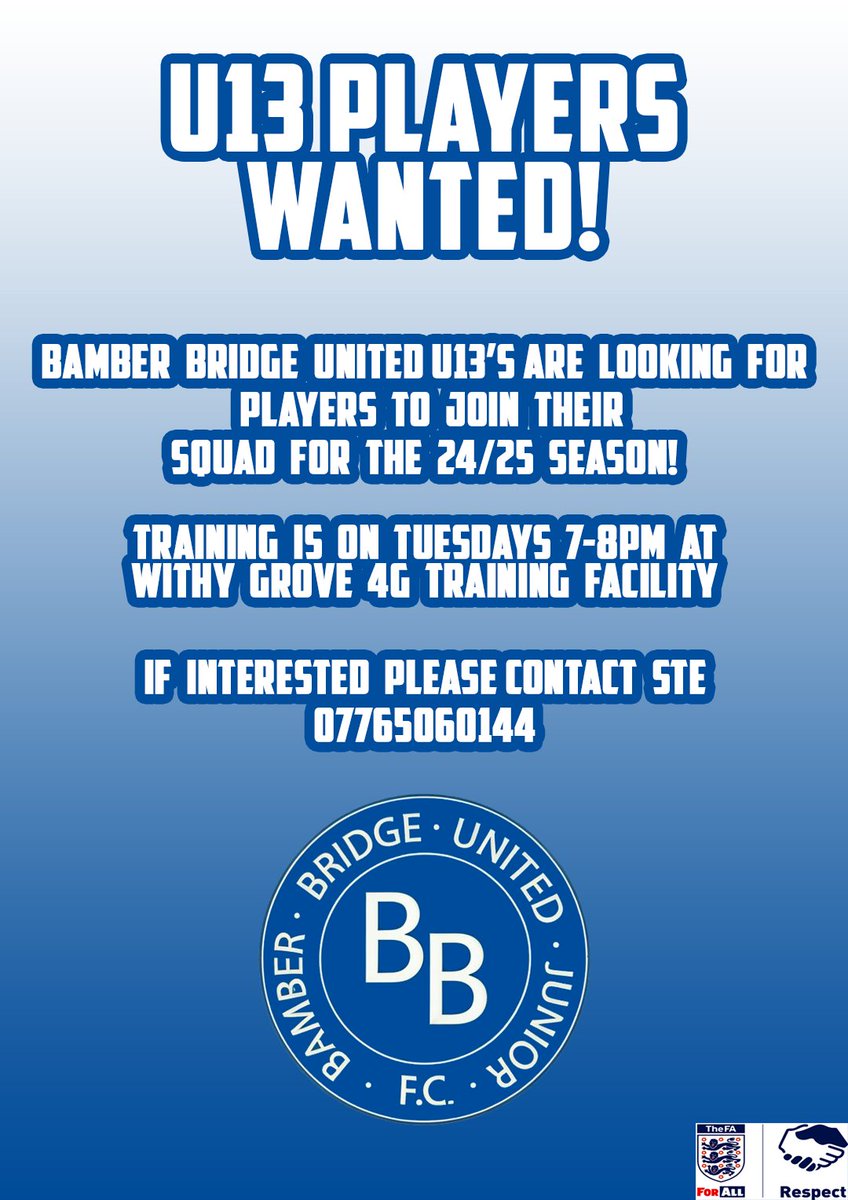 Our 13's are looking for new players to join them for the 24/25 season! If you or your child is interested please message Ste!  #football #grassroots #Lancashire