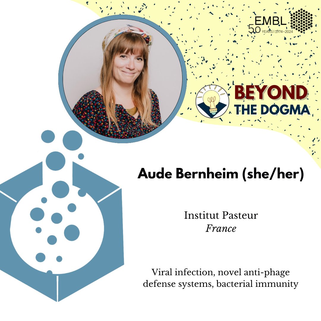EMBLPhDSymp's tweet photo. We would like to present Aude Bernheim (@AudeBer) as our first speaker in our symposium theme #BeyondTheDogma! 
Her lab studies bacterial immunity and how the conservation of immune modules across domains of life can lead to discoveries in prokaryotes and eukaryotes 🦠 https://t.co/9kgxKp40cL