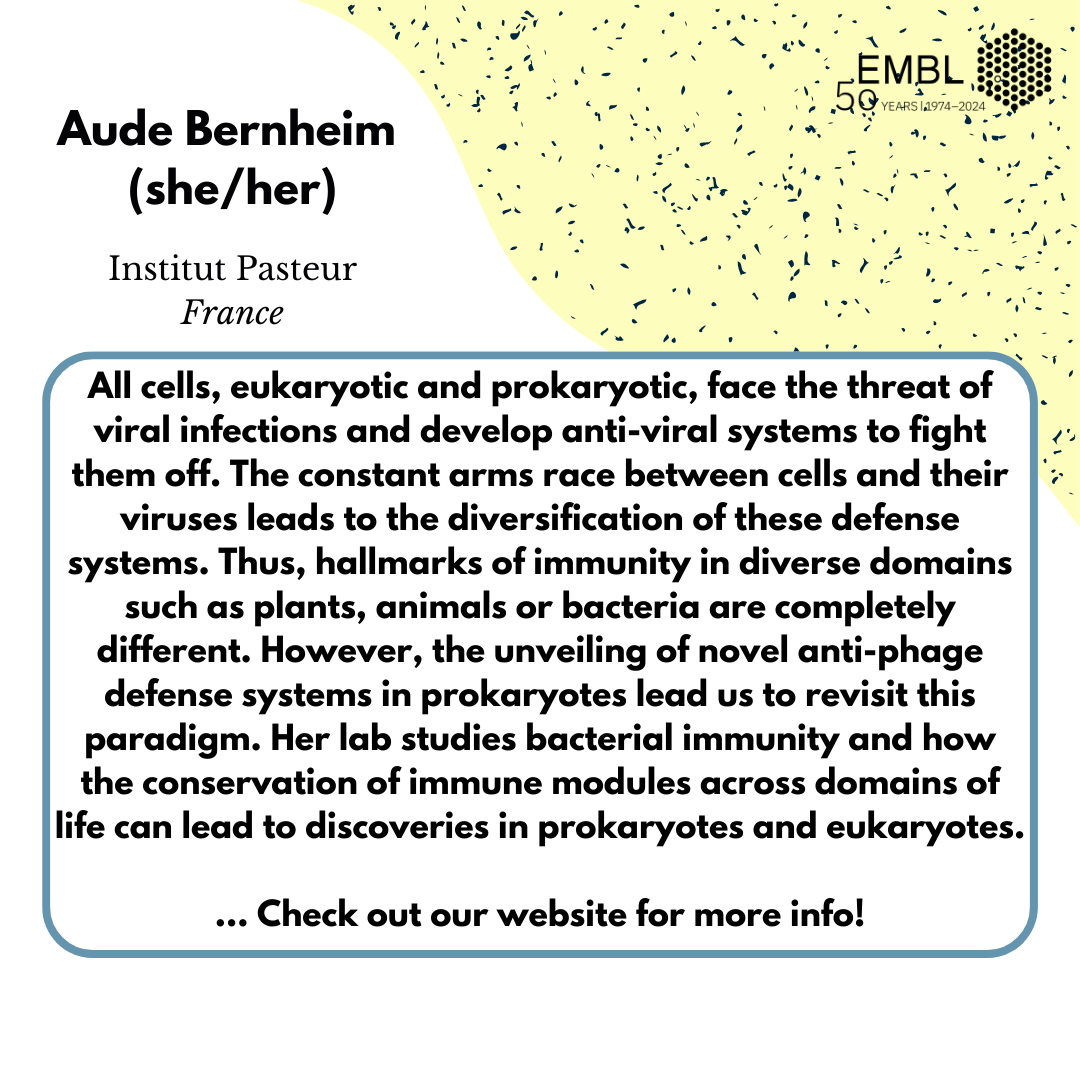 EMBLPhDSymp's tweet photo. We would like to present Aude Bernheim (@AudeBer) as our first speaker in our symposium theme #BeyondTheDogma! 
Her lab studies bacterial immunity and how the conservation of immune modules across domains of life can lead to discoveries in prokaryotes and eukaryotes 🦠 https://t.co/9kgxKp40cL