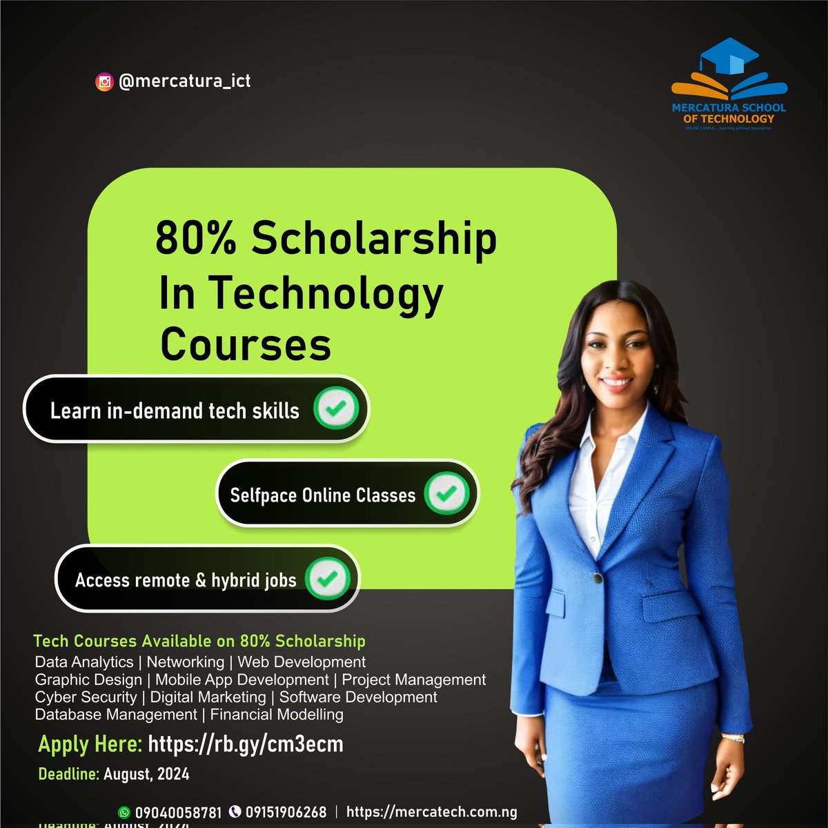 MercaturaShop's tweet photo. Get 80% scholarship to learn any tech skills.
Apply here: https://t.co/F6YUa3fmn6 https://t.co/pTtqkde2PK