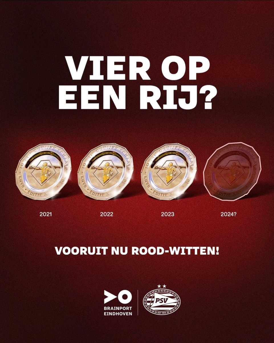 OnsPSV's tweet photo. Ons PSV gaat vanavond voor een prachtig record.
De eerste club met #vieropeenrij!
Ook gaat Luuk de Jong wรฉรฉr voor een record, de meeste schalen gewonnen door 1 speler!
#LuukLe9end staat nu gelijk met Ronald Waterreus op 6 schalen. https://t.co/of7W5oY6bX