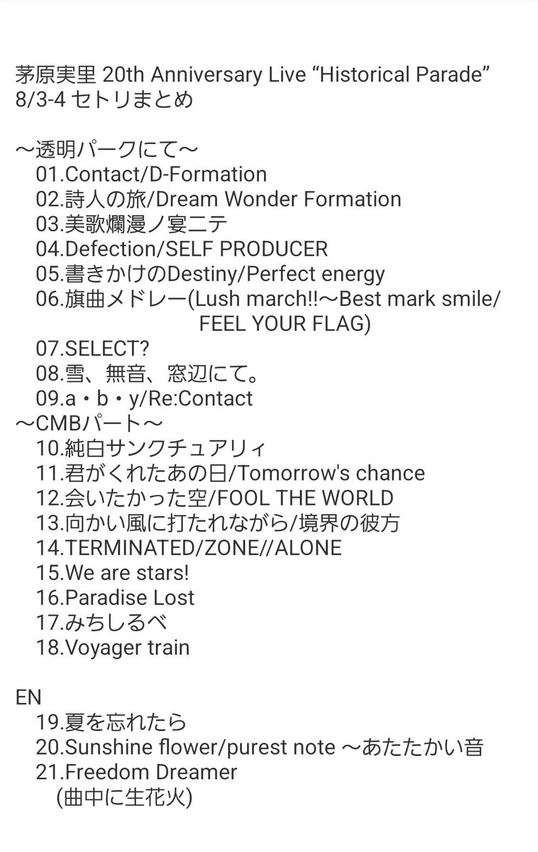 8/4 茅原実里 20th Anniversary Live “Historical Parade” day2 セトリ