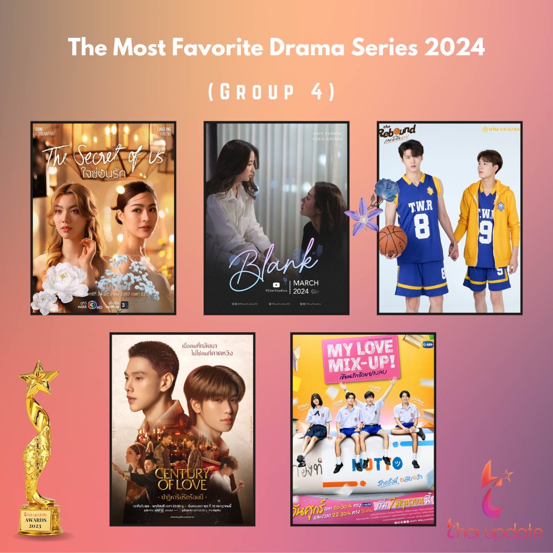 thaiupdate2021's tweet photo. The Most Favorite Drama Series 2024 (Group 4)

Vote Here 👉🏻 https://t.co/JPBBXycSdM

💖 The Secret of Us #LinglingKwong #OrmKornnaphat 
💖 Blank: The Series #FayePeraya #YokoAparsa
💖 The Rebound #Meennicha8 #PingKrittanun 
💖 Century of Love #DAOU #offroadKTP 
💖 My Love Mix-Up! #Gemini_NT #Fourthnattawat 

🏆 #thaiupdate2019 
#thaiupdateawards2024