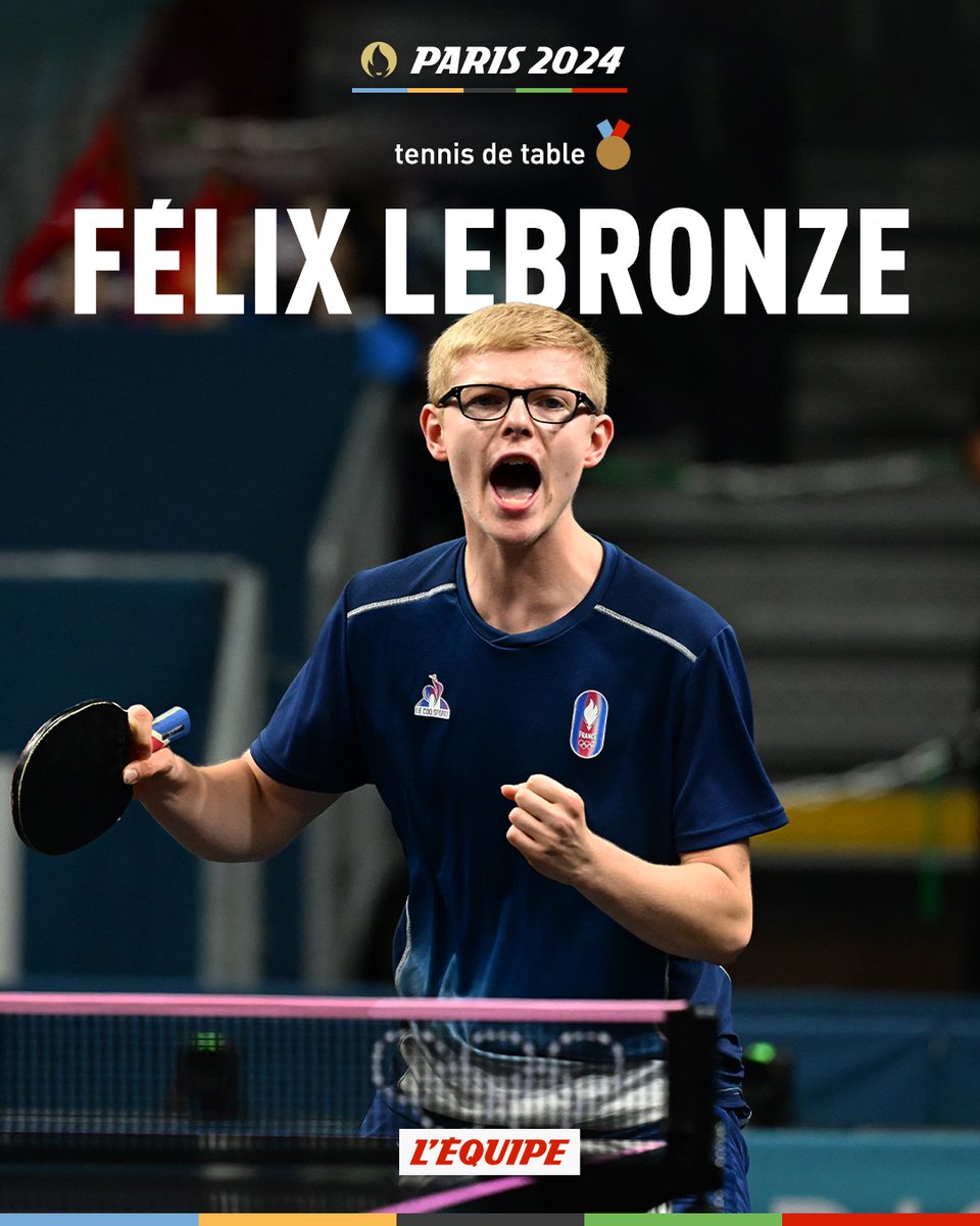 lequipe's tweet photo. 32 ans après Jean-Philippe Gatien, le tennis de table français est de nouveau médaillé en individuel aux JO avec la médaille de bronze pour Félix Lebrun  
https://t.co/EOqfQijXiF

#Paris2024 https://t.co/fVEAG9nP3W