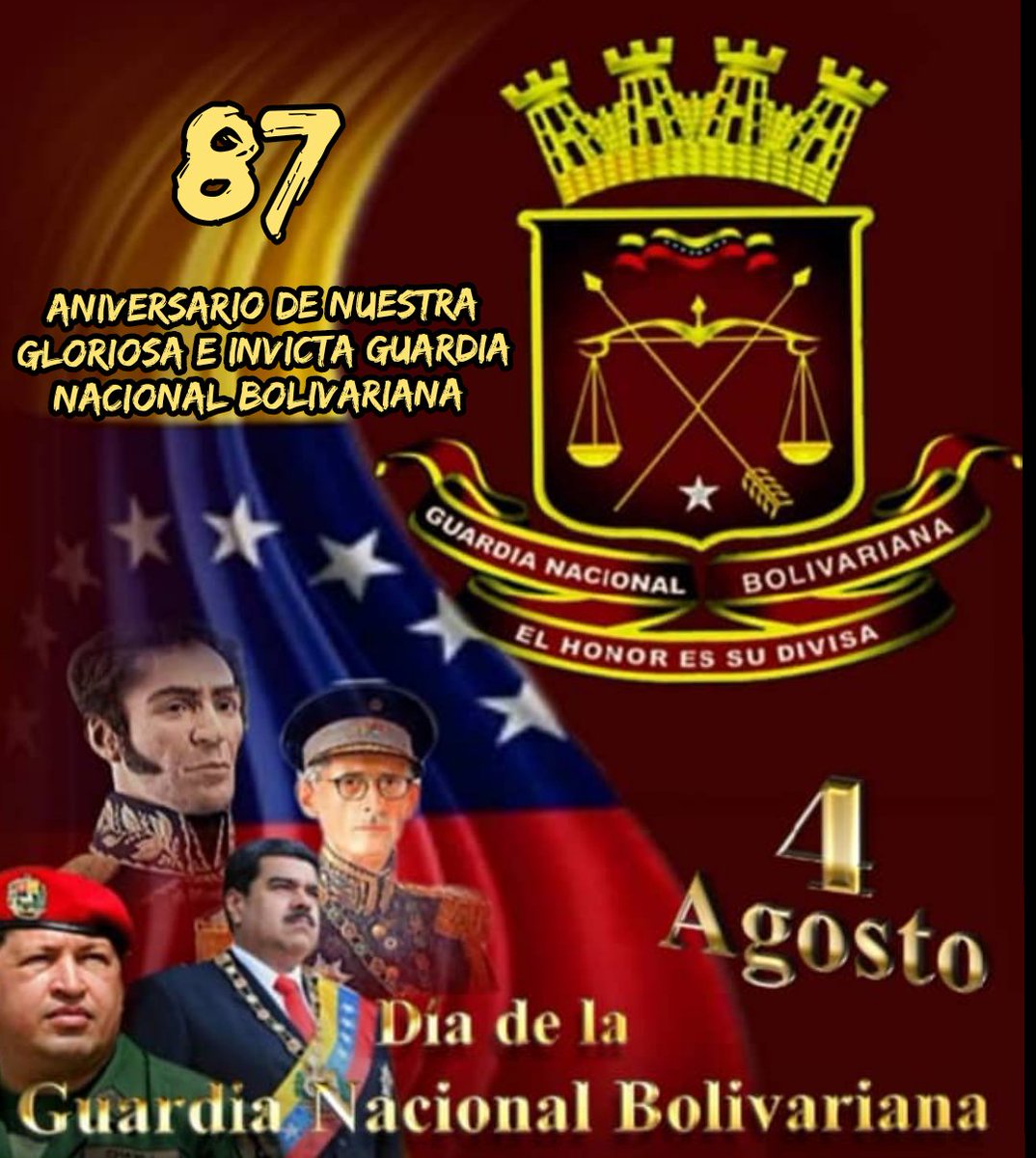 #4Ago Hoy celebramos con gran honor el 87° aniversario de nuestra gloriosa e invicta Guardia Nacional Bolivariana. ¡Felicidades a todos nuestros centinelas, quienes con gran lealtad y compromiso llevan en el pecho un corazón carubio!