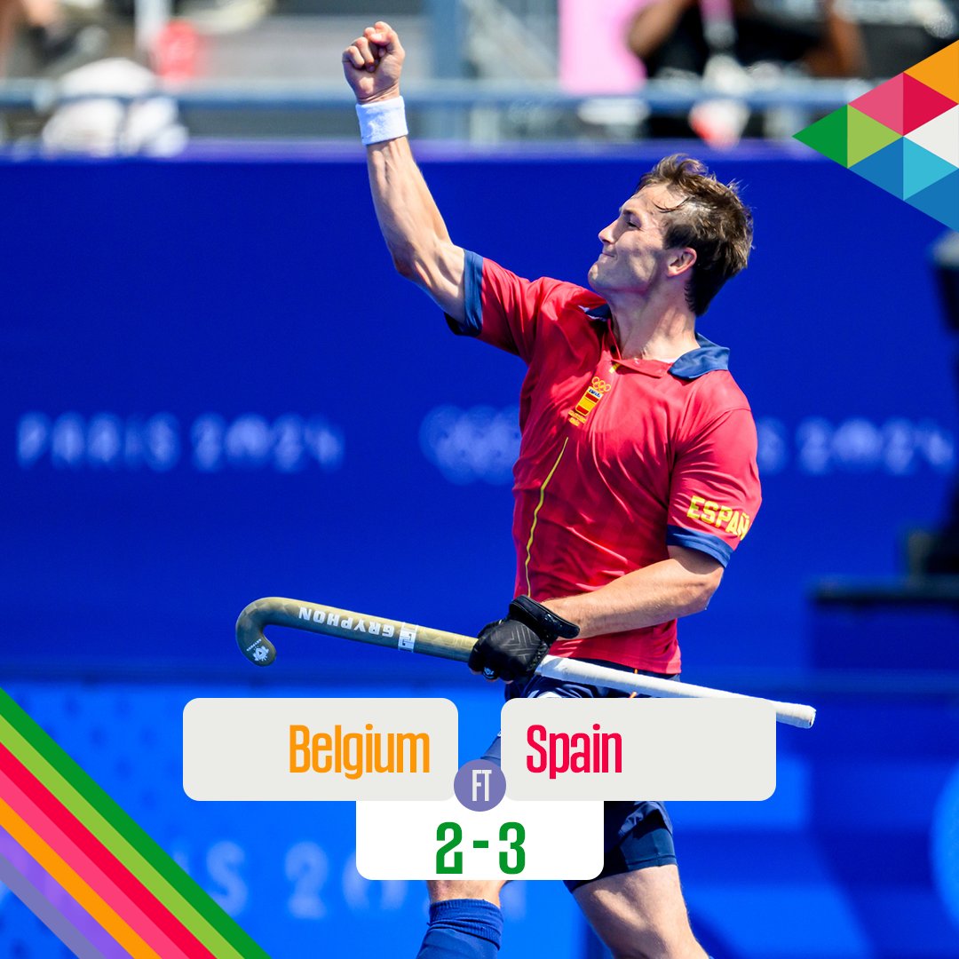 FIH_Hockey's tweet photo. 𝐐𝐅𝟐, 𝐅𝐮𝐥𝐥 𝐓𝐢𝐦𝐞: 𝐁𝐞𝐥𝐠𝐢𝐮𝐦 𝟐 - 𝟑 𝐒𝐩𝐚𝐢𝐧

Spain stuns defending champions Belgium to enter their first #Hockey #Olympics semis in 16 years. #Paris2024 https://t.co/lciaDmeHOs