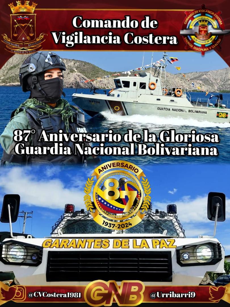#04Ago felicitamos con orgullo a los hombres y mujeres de nuestra Invicta Guardia Nacional Bolivariana por su 87° aniversario.
¡Leales siempre, traidores nunca!