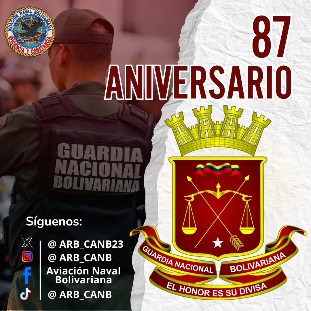📌Hoy #04AGO Este Gran Comando Operativo se honra en felicitar a la Gloriosa <a href="/GnbGaranteDePaz/">Guardia Nacional Bolivariana</a> por arribar a su 87° Aniversario garantizando la paz y el orden interno del país. El Honor es su Divisa. BZ!